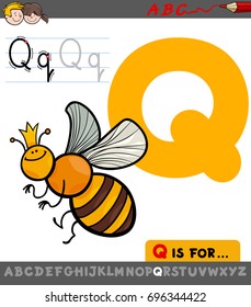 Educational Cartoon Vector Illustration of Letter Q from Alphabet with Queen Bee Insect Character for Children 