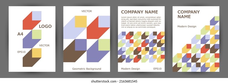 Educational catalog cover template collection geometric design. Memphis style creative folder layout collection vector. Mosaic geometric elements composition vertical card design