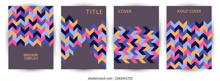 Educational catalog cover template set vector design. Bauhaus style digital journal mockup set Eps10. Mosaic geometric elements backdrop vertical card design