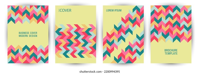 Vorlage für Bildkataloge mit Vektordesign. Modernismus Stil bunt Album-Vorlage Set Vektorgrafik. Mosaik geometrische Elemente, Hintergrund, vertikales Kartendesign