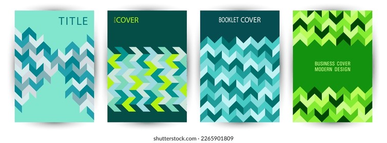 Educational catalog cover template set graphic design. Suprematism style isometric front page template set vector. Mosaic geometric shapes composition A4 card design