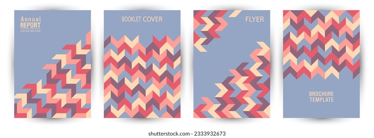 Educational catalog cover template set graphic design. Bauhaus style trendy title page layout set vector. Mosaic geometric shapes pattern A4 cover design