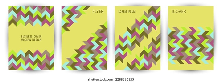 Educational catalog front page template set graphic design. Suprematism style modern album mockup set Eps10. Mosaic geometric elements pattern vertical card design