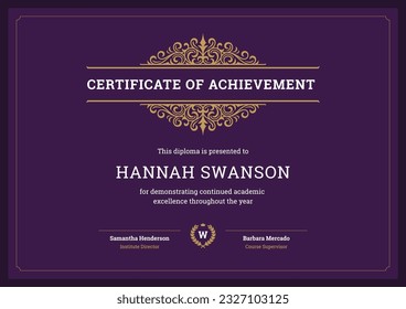 Educational certificate of achievement graduation diploma classic curved ornate purple template vector flat illustration. Degree courses success completion document vintage calligraphy design