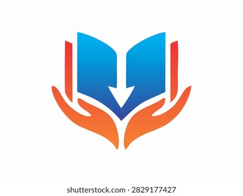 Educational charity logo design featuring hands holding an open book for knowledge sharing, library foundation, and school support.