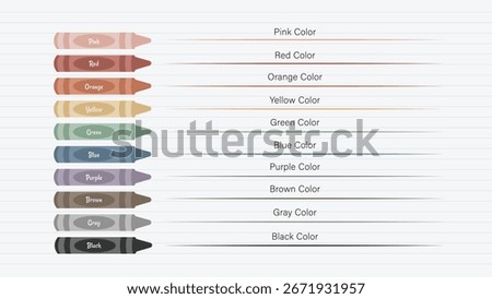 Educational chart showing crayons with color names, designed for preschool and kindergarten children. Helps kids recognize, identify, and learn basic colors through crayons.