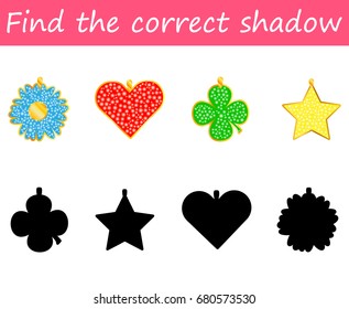 Educational children cartoon game for children. Find the correct shadow  pendants. Vector illustration