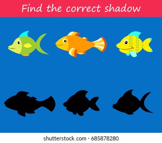 Educational children cartoon game for children. Find the correct shadow  fishes. Vector illustration