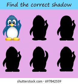 Educational children cartoon game for children. Find the correct shadow  penguin. Vector illustration