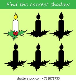 Educational children cartoon game for children. Find the correct shadow candle. Vector illustration