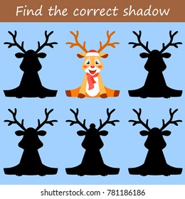 Educational children cartoon game for children. Find the correct shadow Reindeer. Vector illustration