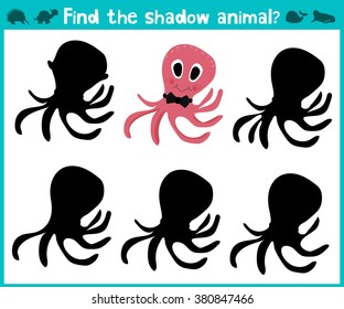 Educational children cartoon game for children of preschool age. Find the right shade cute sea octopus. Vector illustration