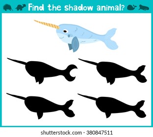 Educational children cartoon game for children of preschool age. Find the right shade cute narwhal sea. Vector illustration