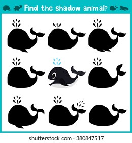 Educational children cartoon game for children of preschool age. Find the right shade cute sea whale. Vector illustration
