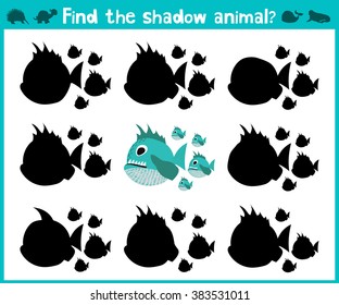 Educational children cartoon game for children of preschool age. Find the right shadow of a predatory fish of the Amazon river piranhas. Vector illustration