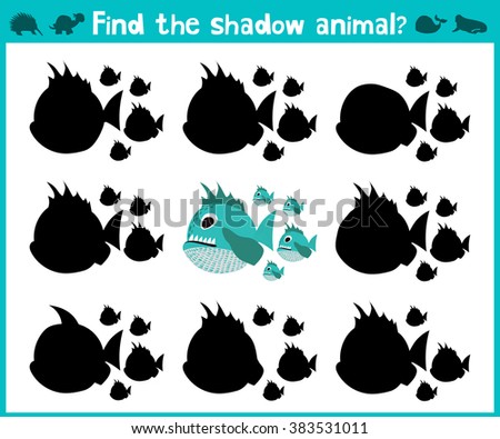 Educational children cartoon game for children of preschool age. Find the right shadow of a predatory fish of the Amazon river piranhas. Vector illustration