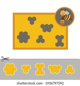 Educational children game.  Bee and honeycomb. Puzzle. Printable worksheet for kids brain teaser book. Vector illustration.