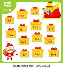 Educational children game. Christmas Mathematics maze. Labyrinth with equations from one to ten. Help Santa Claus find gifts. New Year theme activity for kids