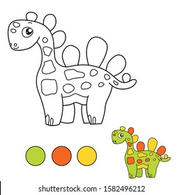 Educational children game - coloring picture for example. Isolated vector prehistoric animal - cute green dinosaur. 