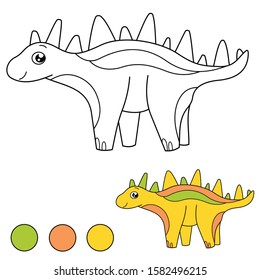 Educational children game - coloring picture for example. Isolated vector cartoon animal - cute yellow dinosaur. 