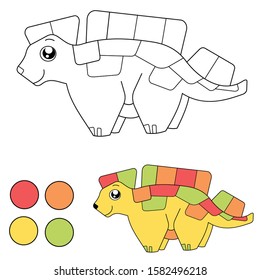 Educational children game - coloring picture for example. Isolated vector cartoon character -  cute yellow dinosaur. 