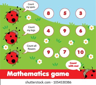 Educational children game. Counting game. Math kids activity. How many objects task. Learning mathematics, numbers, addition theme