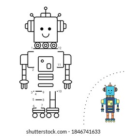 Educational children game. Dot to dot. Robot. Coloring book.
