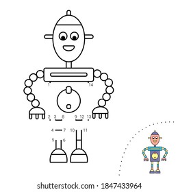 Juego infantil educativo. Punto a punto. Robot. Libro de colorear.