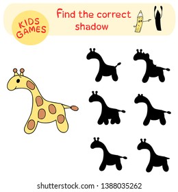 Educational children game, find the correct shadow, preschool activity, isolated vector animal - cute little giraffe