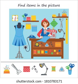 Educational children game. Find the object in the picture by pattern. seamstress. Logic game preschool. Vector illustration