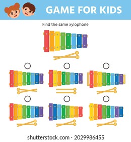 Educational children game. Find the same xylophone. Cartoon musical percussion instrument. Kid entertainment. Printable worksheet. Vector illustration