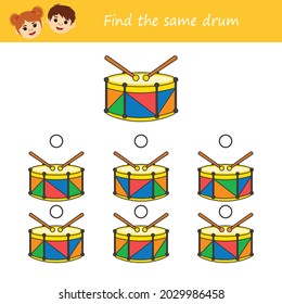 Educational children game. Find the same drum. cartoon musical percussion instrument. Printable worksheet. Vector illustration