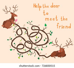 Educational children game. Funny maze vector. Help the deer to find a way the friend.