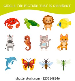 Educational children game. Kids activity sheet, Circle the picture that is different.