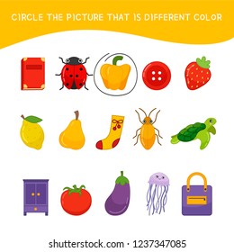 Educational children game. Kids activity sheet, Circle the picture that is different color.