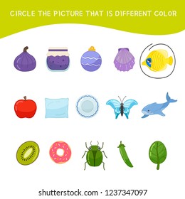 Educational children game. Kids activity sheet, Circle the picture that is different color.