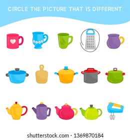 Educational children game. Kids activity sheet, Circle the picture that is different. Cartoon dishes.