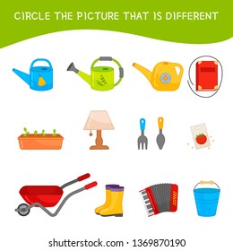 Educational children game. Kids activity sheet, Circle the picture that is different. Cartoon garden tools. 