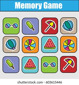Educational children game, kids activity. Memory game, summer holidays theme. Find pairs of same images