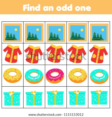 Educational children game. Logic game. Find odd one out in row. What does not fit type for toddlers