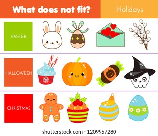 Educational children game. Logic game. What does not fit type. learning world holidays for kids and toddlers.
