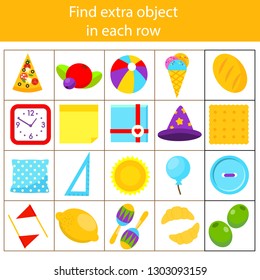 Educational children game. Logic game. What does not fit type. Find odd one, extra object fun page for kids and toddlers. Learning colors, shapes