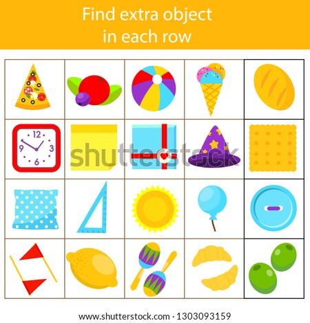 Educational children game. Logic game. What does not fit type. Find odd one, extra object fun page for kids and toddlers. Learning colors, shapes