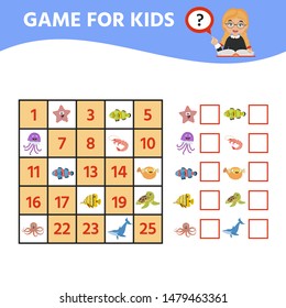 Educational children game of logical thinking,  visual perception of children. Sudoku for kids with colorful Marine life. Worksheet