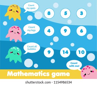 Educational children game. Mahematics activity page with cute jellyfish. Learning counting for kids and toddlers