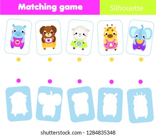 Educational children game. Match animals with silhouette. Fun page for toddlers and preschool kids. Study shapes and shadows
