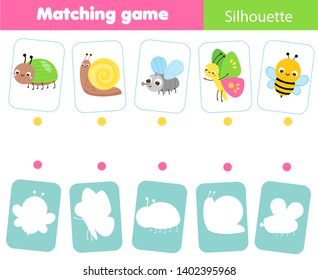 Educational children game. Match insects with silhouette. Fun page for toddlers and preschool kids. Study shapes and shadows