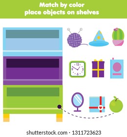 Educational children game. Match objects by color. Activity for pre school kids and toddlers. Learning colors
