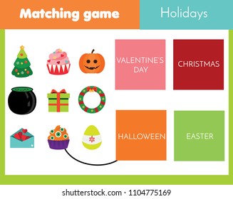 Educational children game. Matching game worksheet for kids. World holidays theme