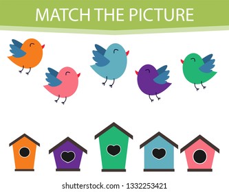 Educational children game. Matching game worksheet for kids. Match by color. Find pairs of birds and birdhouse. Learning colors